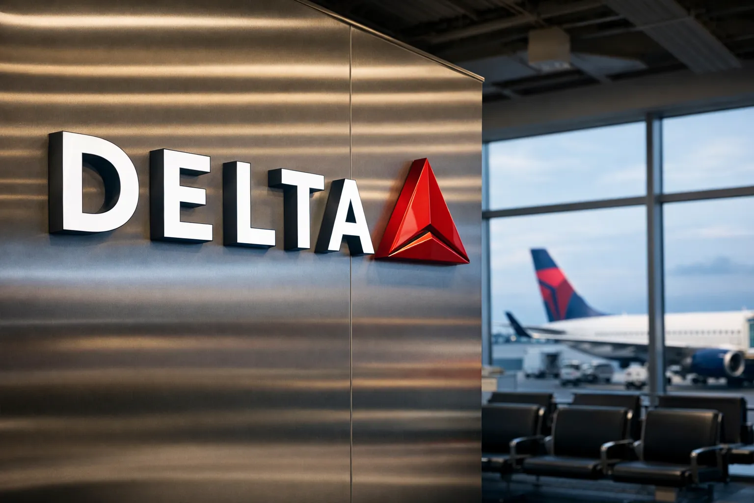 Delta Air Lines logo on a sleek airport terminal wall with aircraft visible outside